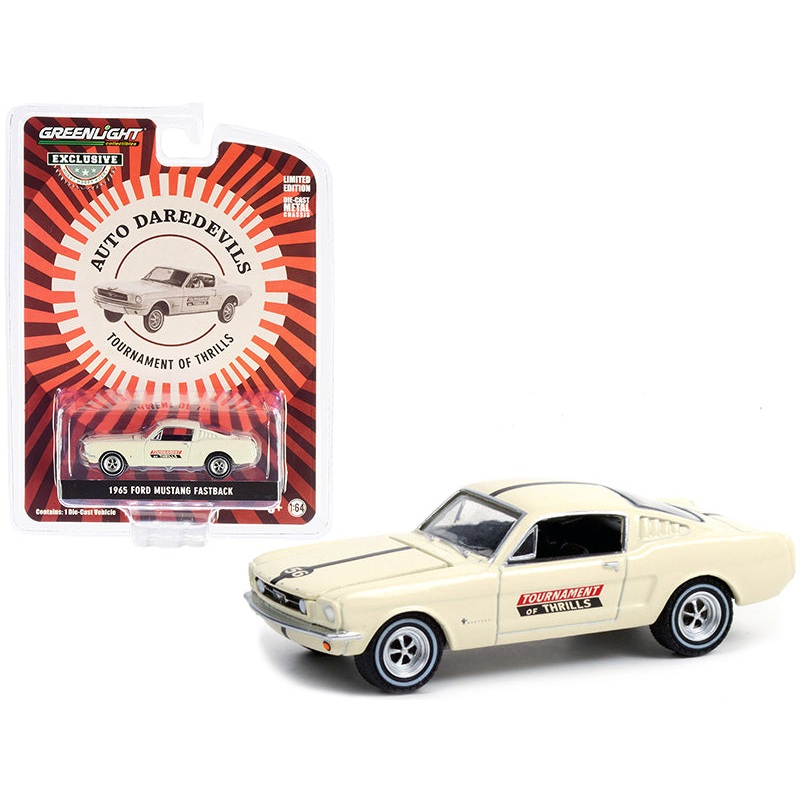 1965 Ford Mustang Fastback #56 Cream Auto Daredevils “Tournament Of Thrills” “Hobby Exclusive” 1/64 Diecast Model Car by Greenlight