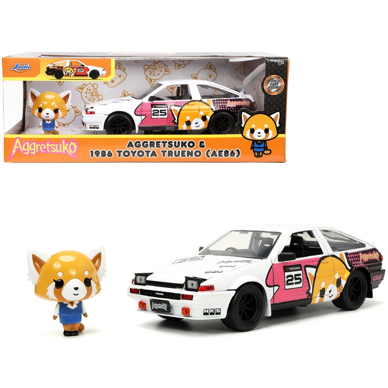 1986 Toyota Trueno (AE86) RHD (Right Hand Drive) #25 White with Graphics and Aggretsuko Diecast Figure “Aggretsuko” “Anime Hollywood Rides” Series 1/24 Diecast Model Car by Jada