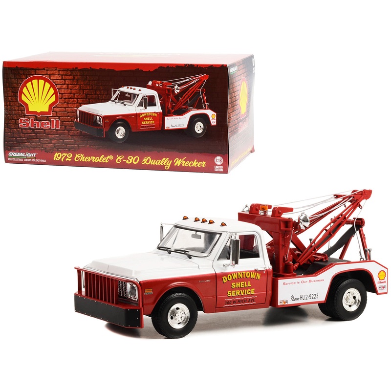 1972 Chevrolet C-30 Dually Wrecker Tow Truck “Downtown Shell Service – Service is Our Business” White and Red 1/18 Diecast Model Car by Greenlight