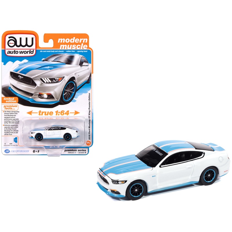 2016 Ford Mustang GT King Premier Edition “Petty’s Garage” Oxford White with Petty Blue Stripes “Modern Muscle” Series 1/64 Diecast Model Car by Auto World