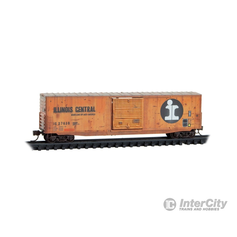 Micro Trains N 18044530 50′ Boxcar with 10′ Door, No Roofwalk, Short Ladders & Plank Door – Ready t – Illinois Central #27639 (Weathered, orange, black, white)
