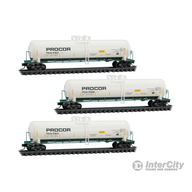 Micro Trains N 98300234 56′ General-Service Tank Car 3-Pack – Procor PROX #91621, 91647, 91659 (white, green, yellow)