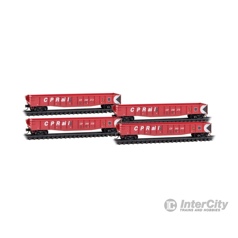 Micro Trains N 98300239 50′ Gondola w/Fishbelly Sides & Drop-Ends 4-Pack – Canadian Pacific #340213, 340278, 340330, 340349 (Action Red, Multimark)