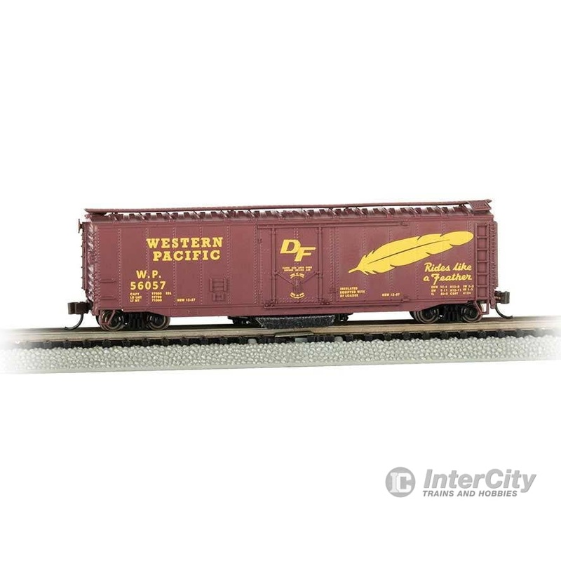 Bachmann N 16367 Track Cleaning 50′ Plug-Door Boxcar – Western Pacific #56057 (Boxcar Red, yellow; “Rides like a Feather” Slogan)