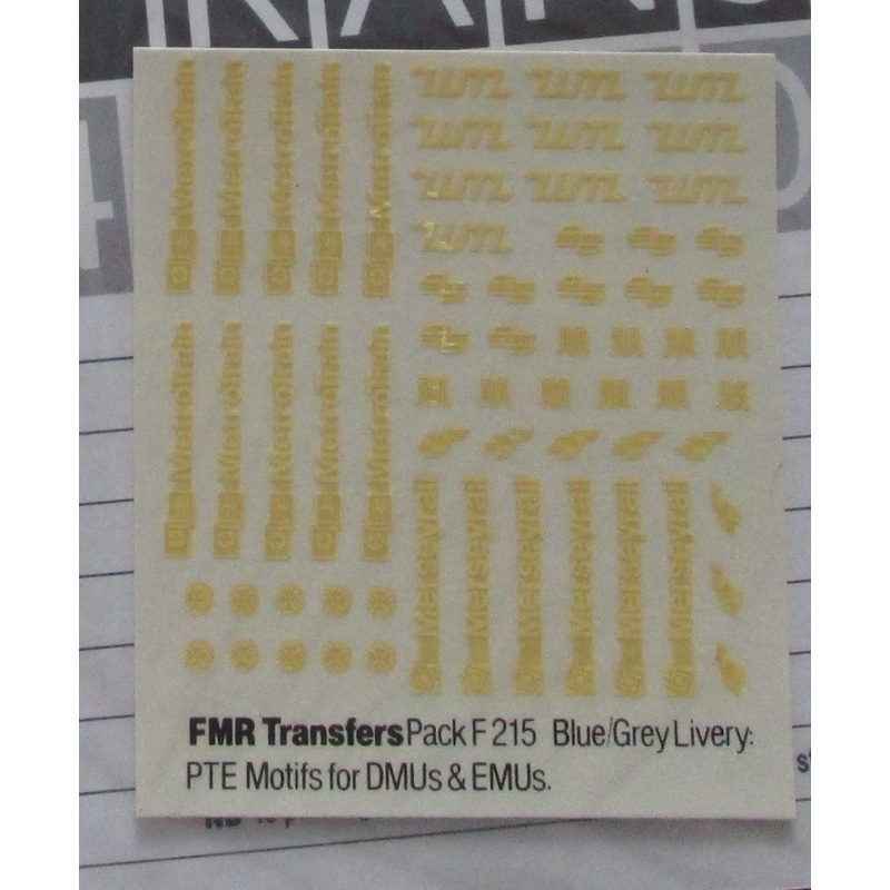 F215 FMR TRANSFERS Blue/grey Livery: English PTE motifs for DMUs amd EMUs