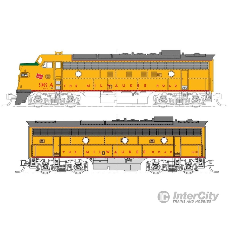 Kato N 1060432 EMD FP7A-F7B Set – Standard DC – Milwaukee Road #96A, 96B (Post 1955, Armour Yellow, gray, red)