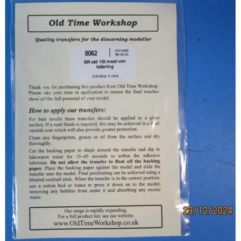 OTW-8062 OLD TIME WORKSHOP Transfers BR 10 ton standard meat van