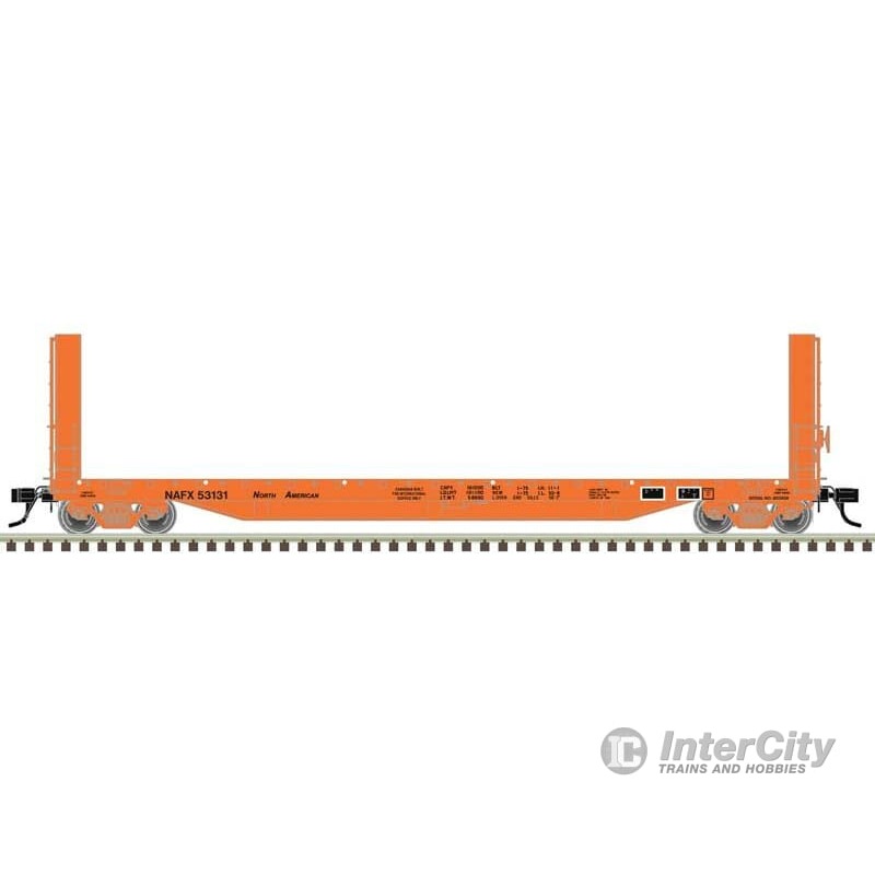 Atlas 20007108 51’6″ Bulkhead Flatcar – Ready to Run – Master(R) — North American Car Leasing NAFX #53202 (orange, black)