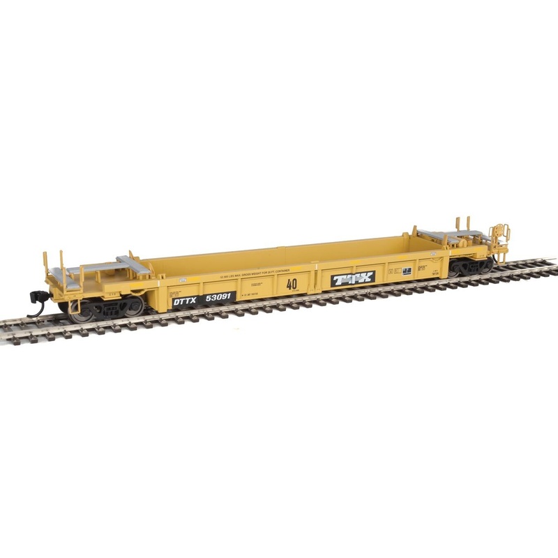 Walthers HO 5630 Thrall Rebuilt 40′ Well Car – Trailer-Train DTTX #53091 (yellow, black; Black & White Logo)