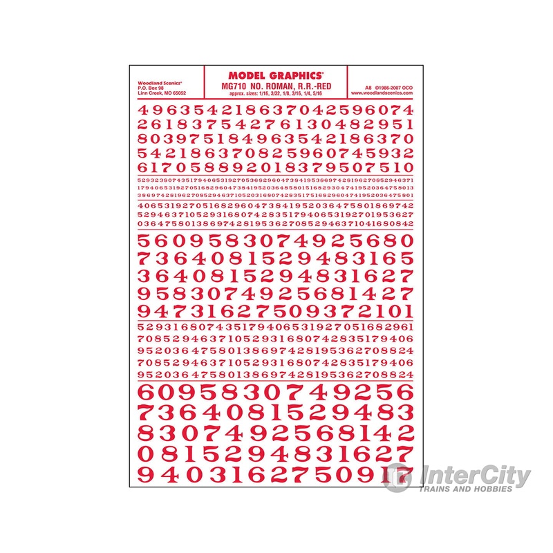 Woodland Scenics 710 Dry Transfer Numbers – Railroad Roman – 1/16, 3/32, 1/8, 3/16, 1/4 & 5/16″ — Red