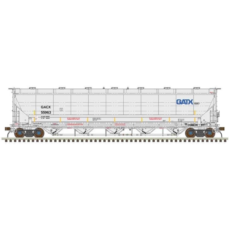 Atlas N 50006842 Trinity 5660 PD Covered Hopper – GATX GACX #55963 (gray, black, blue GATX Logo, yellow conspicuity stripes)