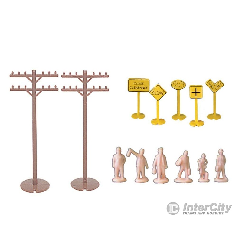 Bachmann 42104 Layout Accessories Assortment — 12 Telephone Poles, 24 Signs & 24 Unpainted Figures