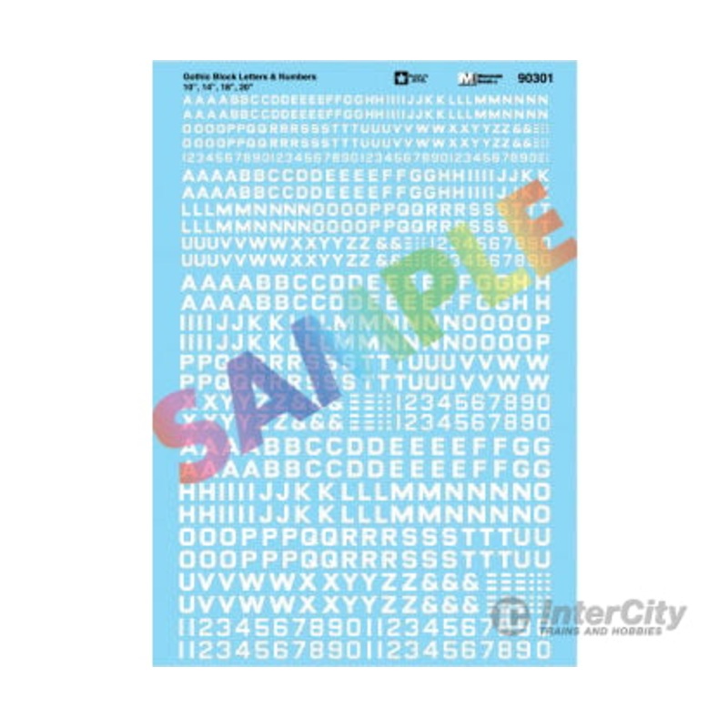 Microscale HO 90301 Alphabet & Number Decal Set — Gothic Block (white) 10″, 14″, 18″, 20″