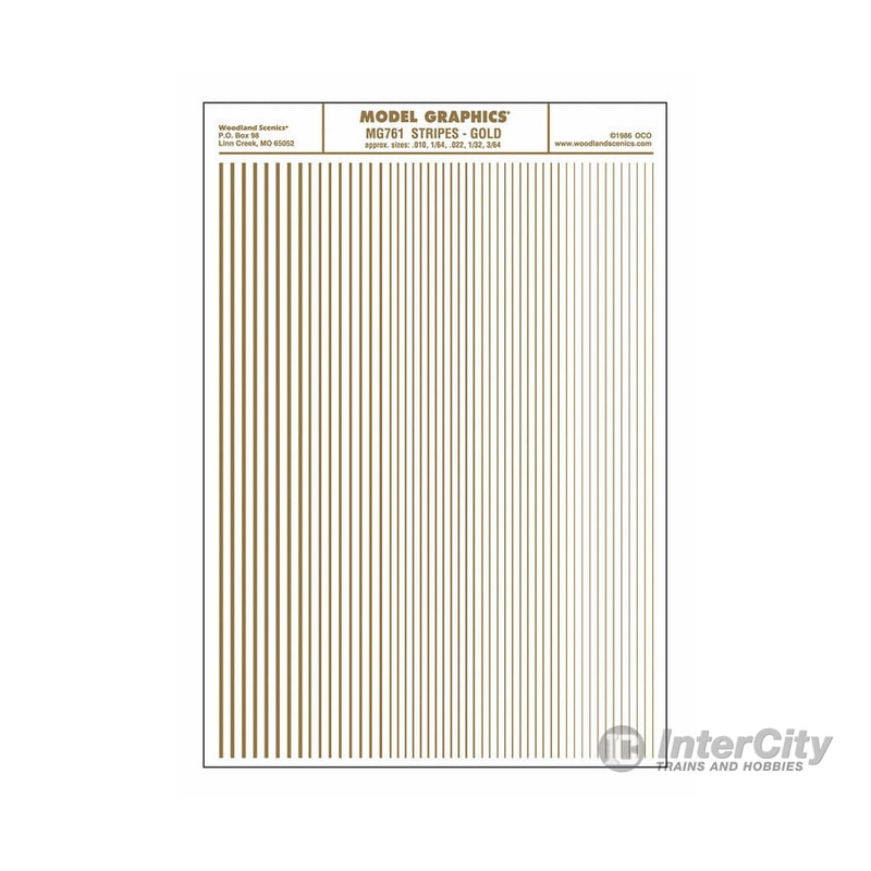 Woodland Scenics 761 Dry Transfer Stripes – .010, 1/64, .022, 1/32 & 3/64″ Wide — Gold