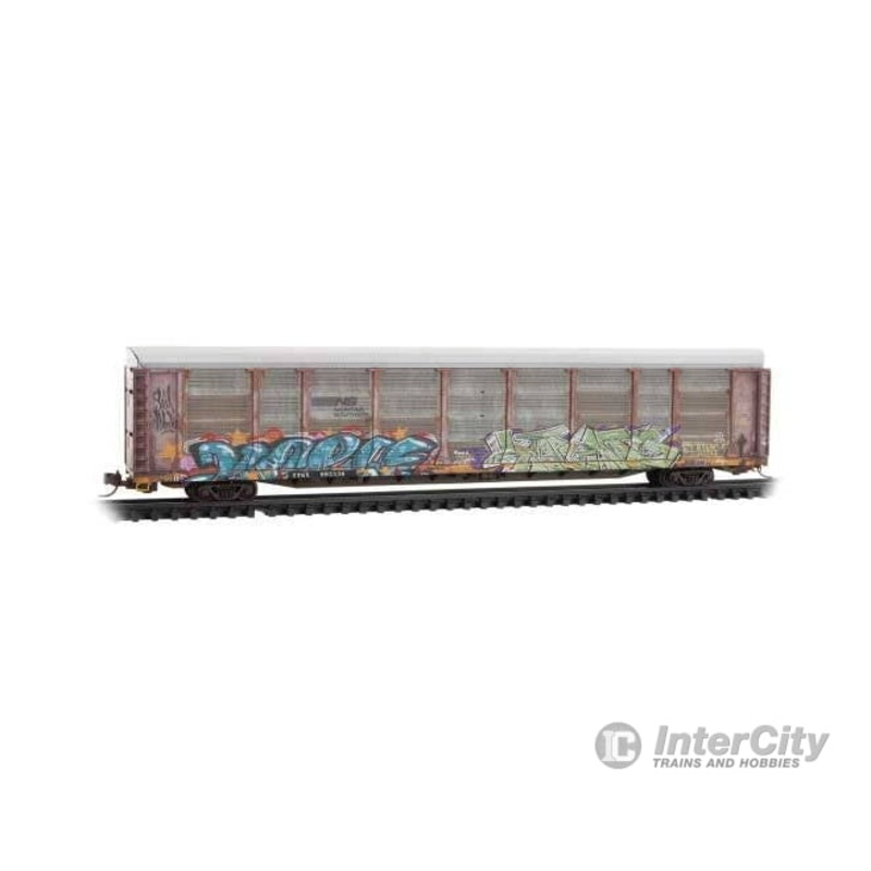 Micro Trains N 11144480 89′ Tri-Level Enclosed Auto Rack – Ready to Run – Norfolk Southern TTGX #992536 (Weathered, yellow, black, brown, graffiti)
