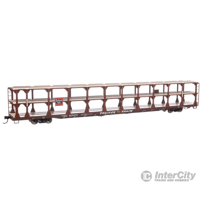 Walthers Mainline 8201 89′ Flatcar w/Tri-Level Open Auto Rack – Ready to Run — Chicago, Burlington & Quincy Rack Trailer-Train Flatcar TTKX #905070 (brown)