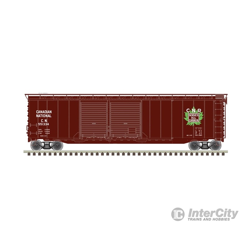 Atlas 20006572 Postwar 50′ Double-Door Boxcar – Ready to Run – Master(R) — Canadian National 551387 (Boxcar Red, white, green, Leaf Logo)