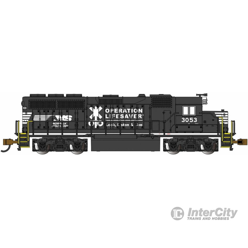 Bachmann 63565 EMD GP40 – Standard DC — Norfolk Southern #3053 (black, white; “Operation Lifesaver” Scheme)