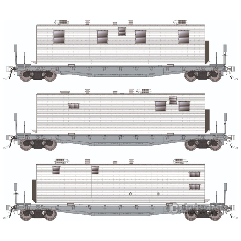 Rapido 138198 HO F30A 50′ Flat Car w/Camp Van: Painted, Unlettered: 3-Pack