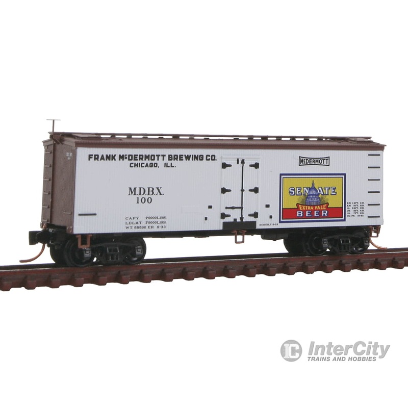 Micro Trains N 5800546 36′ Wood-Sheathed Ice Reefer Brewery Series – Senate Brewing Co. MDBX #100 (#10 In Series; white, Boxcar Red, yellow)
