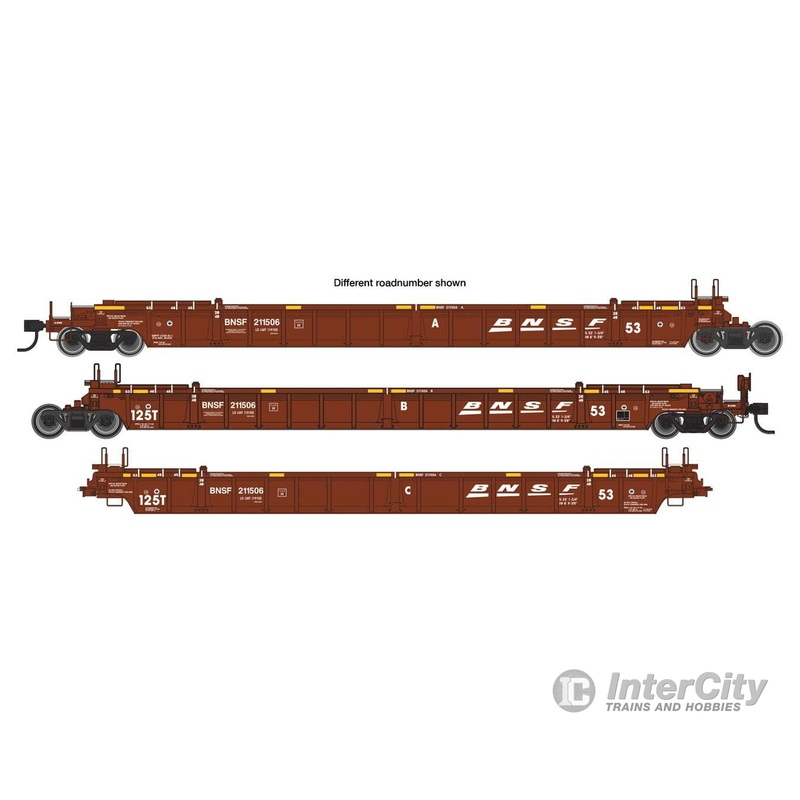 Walthers Mainline 55804 53′ NSC Articulated 3-Unit Well Car – Ready to Run — BNSF Railway #211621 (brown, white)