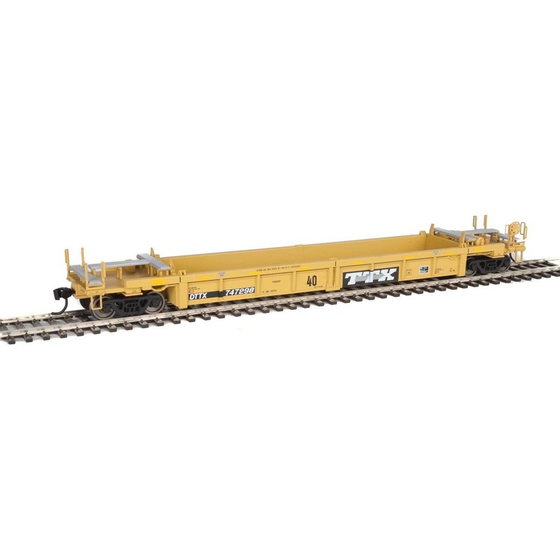 Walthers HO 5645 Thrall Rebuilt 40′ Well Car – TTX DTTX #747298 (yellow, black, black & white logo, yellow conspicuity stri