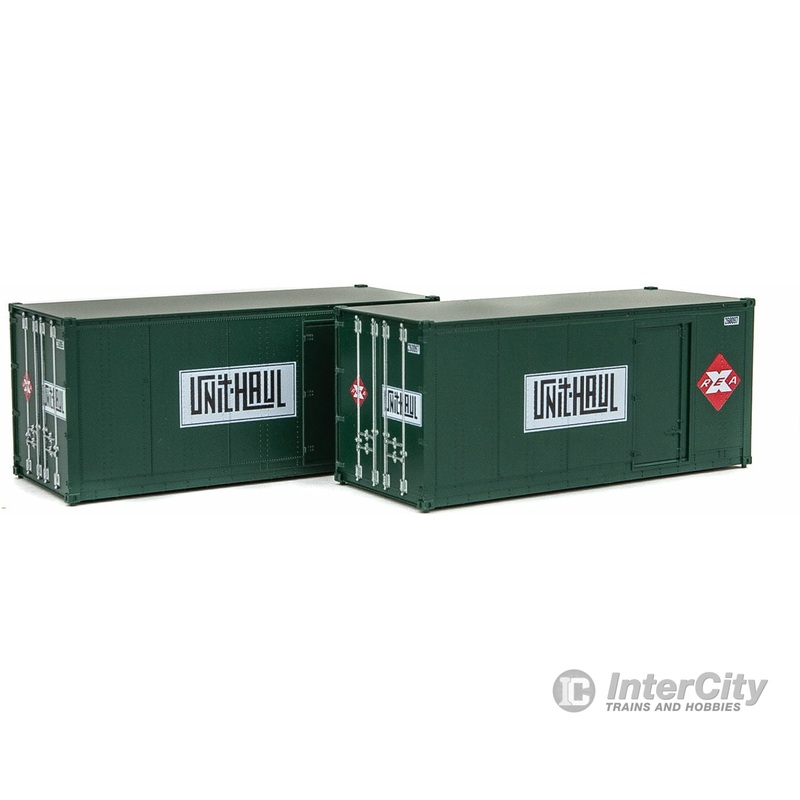 Walthers SceneMaster 8681 20′ Smooth-Side Container with Right Side Door 2-Pack – Ready to Run — Railway Express Agency #260095, 260097 (green, red; Unit Haul Logo)