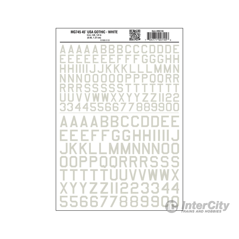 Woodland Scenics 745 Dry Transfer Alphabet & Numbers – 45 Degree USA Gothic (Military; 3/8 & 1/2″) — White