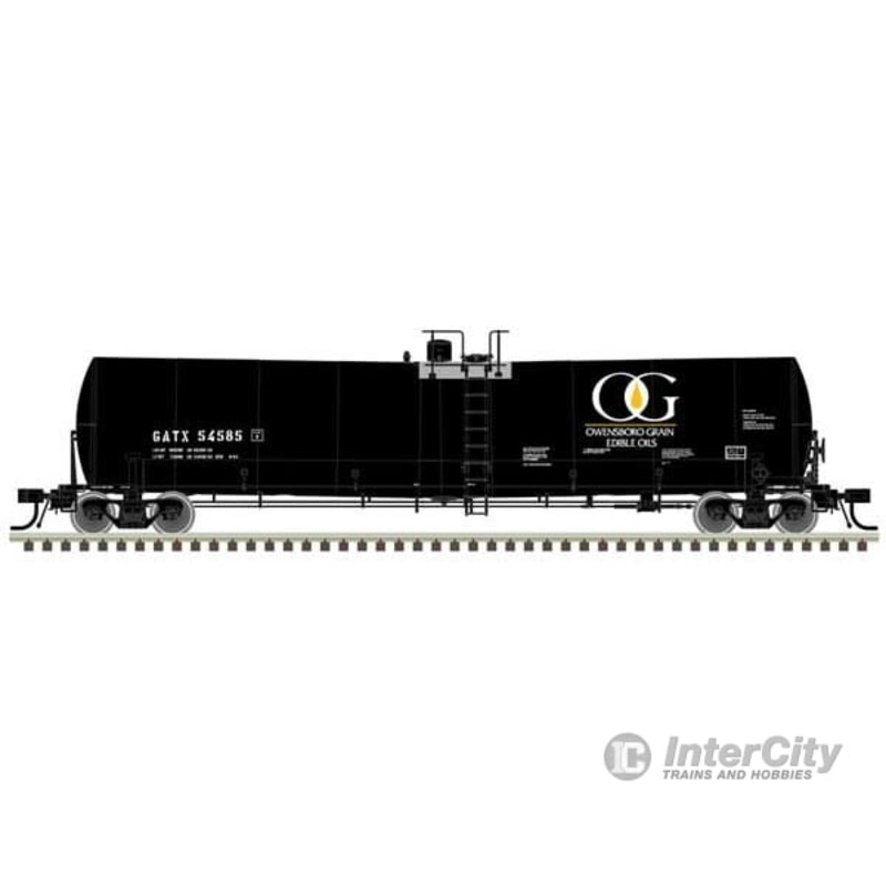 Atlas 50006175 Trinity 25,500-Gallon Tank Car – Ready to Run — Owensboro Grain GATX #54553 (black, white, yellow)