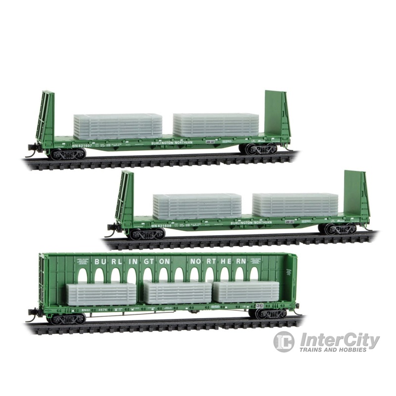 Micro Trains N 98302261 60′ Centerbeam & 2 61’8″ Bulkhead Flatcars w/Ingot Load – Burlington Northern #624676, 621607, 621608 (Cascade Green, Undec Load Kit)