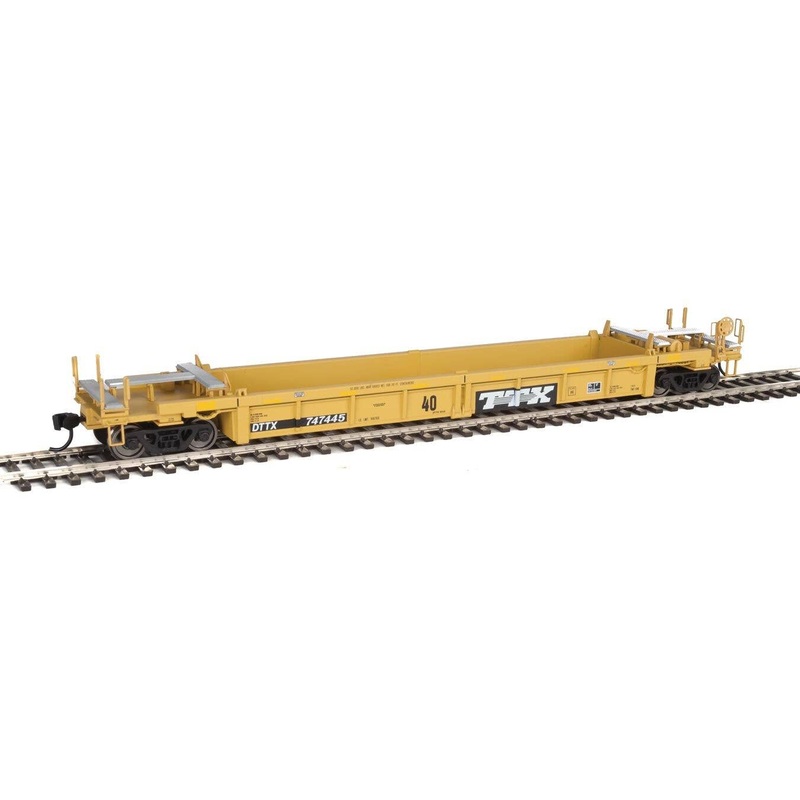 Walthers HO 5648 Thrall Rebuilt 40′ Well Car – TTX DTTX #747445 (yellow, black, black & white logo, yellow conspicuity stri