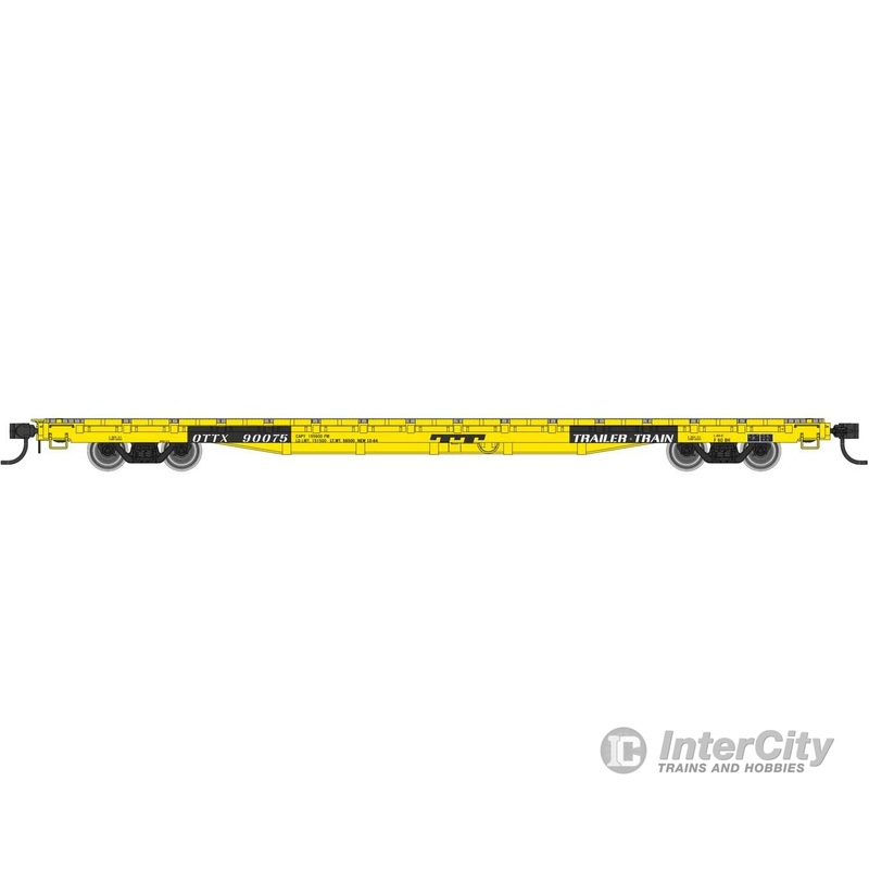 Walthers Mainline 5403 60′ Pullman-Standard Flatcar – Ready to Run — Trailer-Train OTTX #90075 (Farm machinery; yellow, black, white)