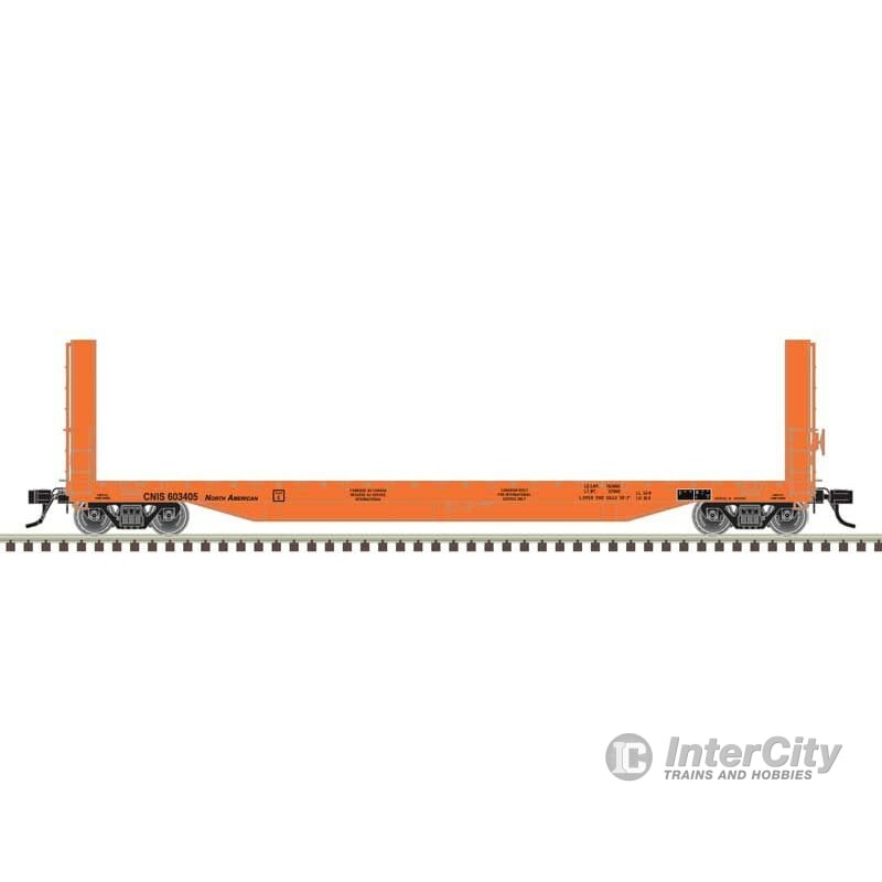 Atlas 20007098 51’6″ Bulkhead Flatcar – Ready to Run – Master(R) — Canadian National #603417 (orange, black, International Service)