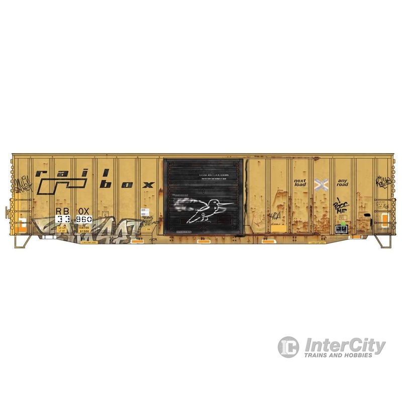 Micro Trains HO 5600003 50′ Exterior-Post Modern Boxcar – Kit – Railbox #33960 (Weathered, yellow, black, graffiti)