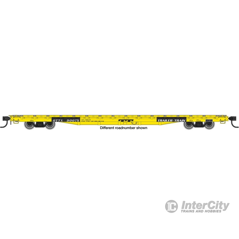 Walthers Mainline 5405 60′ Pullman-Standard Flatcar – Ready to Run — Trailer-Train OTTX #90170 (Farm machinery; yellow, black, white)