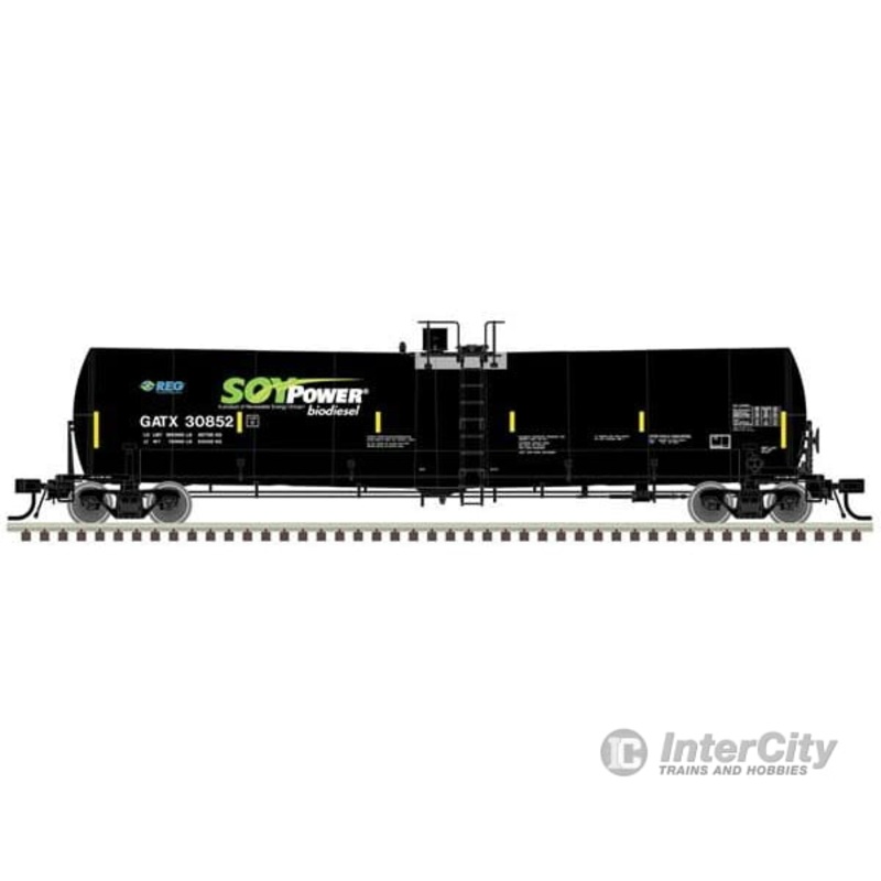 Atlas 50006182 Trinity 25,500-Gallon Tank Car – Ready to Run — Soy Power Bio Fuels GATX #30831 (black, blue, green, white)