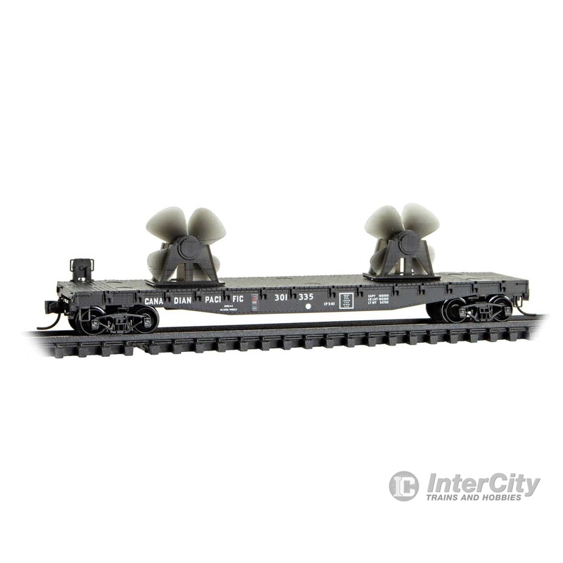 Micro Trains N 4500765 50′ Fishbelly-Side Flatcar w/Side Brake Wheel, Propeller Load – Canadian Pacific #301335 (black)