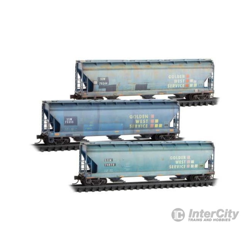Micro Trains N 98305092 ACF 3-Bay Center Flow Covered Hopper w/Elongated Hatches 3-Pack – Cotton Belt SSW 70344, 73355, 74679 (Weathered, Ex-Golden West, blue)