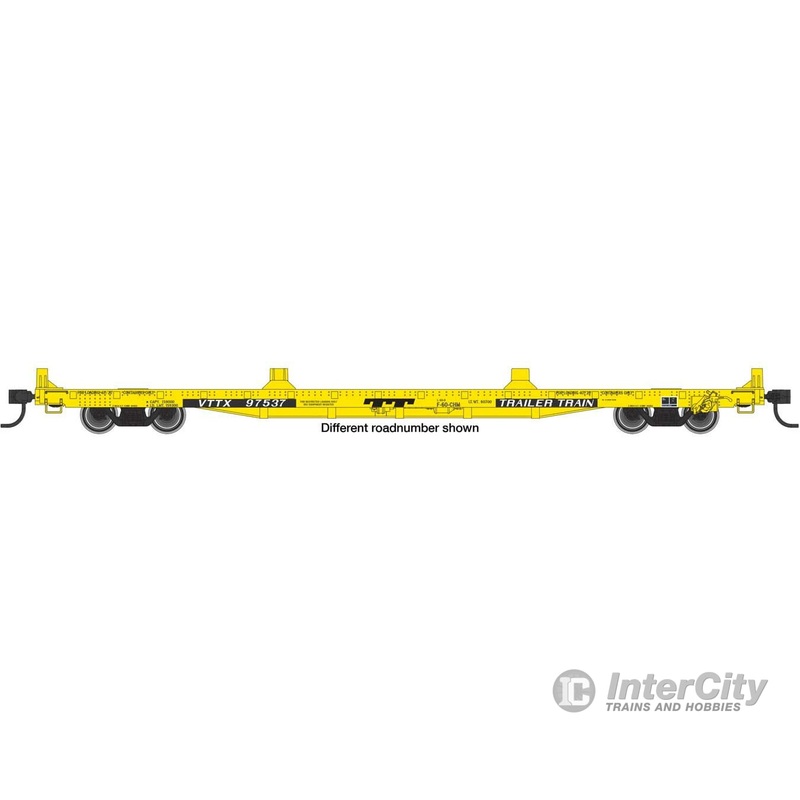 Walthers Mainline 5416 60′ Pullman-Standard Flatcar – Ready to Run — Trailer-Train VTTX #97548 (Container loading; yellow, black TT logo)