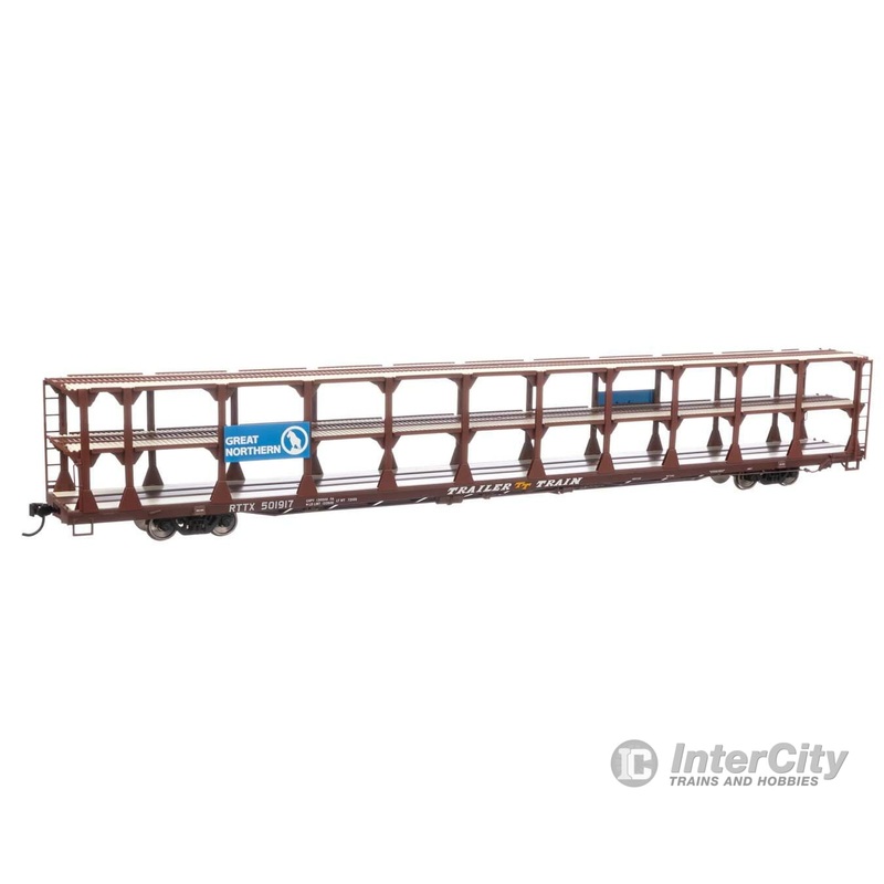 Walthers Mainline 8211 89′ Flatcar w/Tri-Level Open Auto Rack – Ready to Run — Great Northern Rack Trailer-Train Flatcar RTTX #501917 (brown)