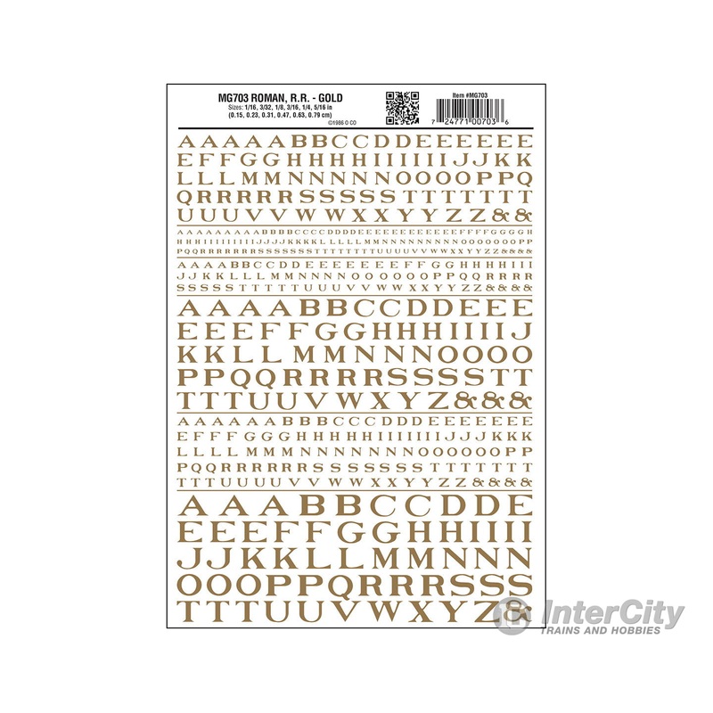 Woodland Scenics 703 Dry Transfer Alphabet – Railroad Roman – 1/16, 3/32, 1/8, 3/16, 1/4 & 5/16″ — Gold