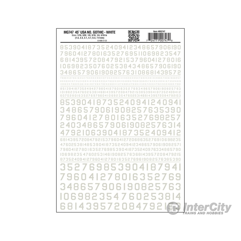 Woodland Scenics 747 Dry Transfer Numbers Only – 45 Degree USA Gothic (Military Style) — White