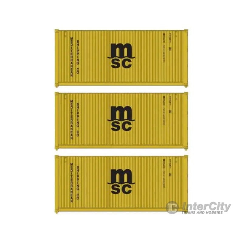 Walthers HO 949-18054 20′ Fully Corrugated Container – 3-Pack – Mediterranean Shipping Co.