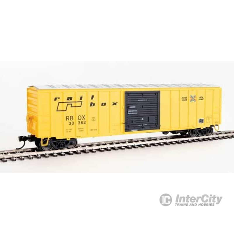 Walthers Mainline 1866 50′ ACF Exterior Post Boxcar – Ready to Run — Railbox #30362 (yellow, Black Door; Small Logo, Slogan)