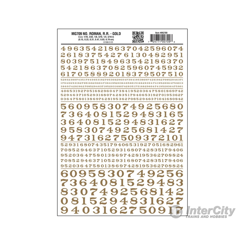 Woodland Scenics 709 Dry Transfer Numbers – Railroad Roman – 1/16, 3/32, 1/8, 3/16, 1/4 & 5/16″ — Gold