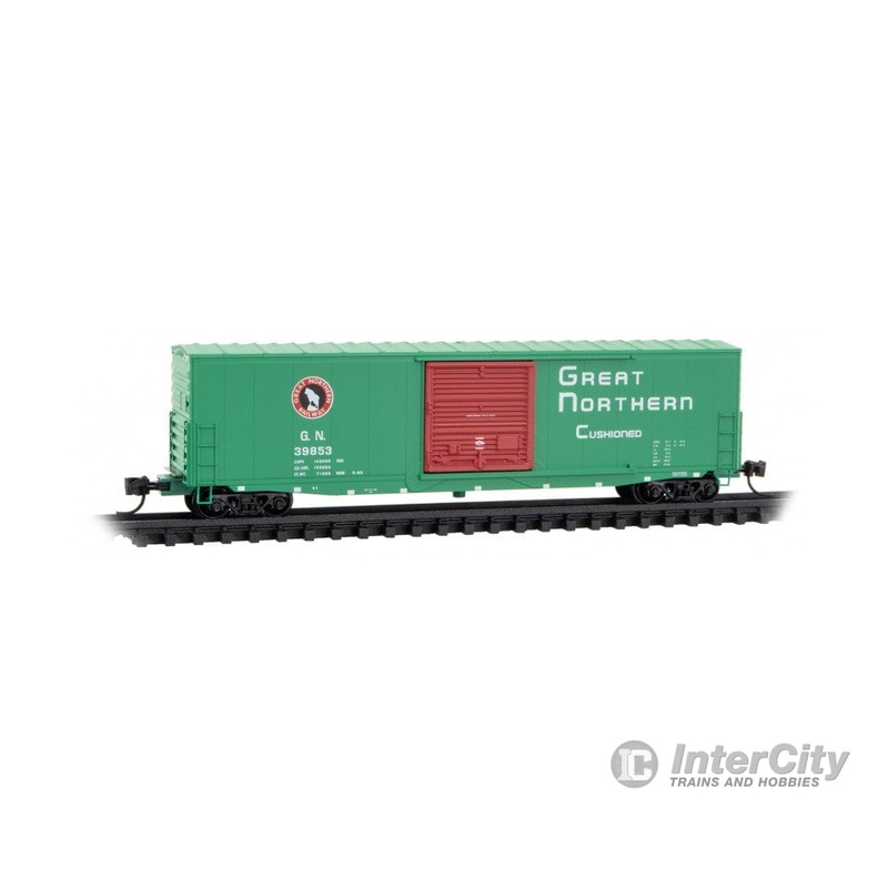 Micro Trains N 18000402 50′ Boxcar with 10′ Door, No Roofwalk, Short Ladders – Ready to Run — Great Northern #39853 (Jade Green, red, EB Style Lettering)