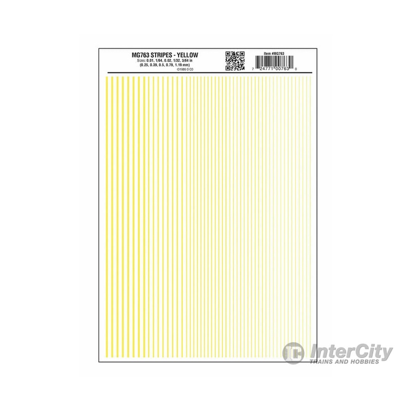 Woodland Scenics 763 Dry Transfer Stripes – .010, 1/64, .022, 1/32 & 3/64″ Wide — Yellow