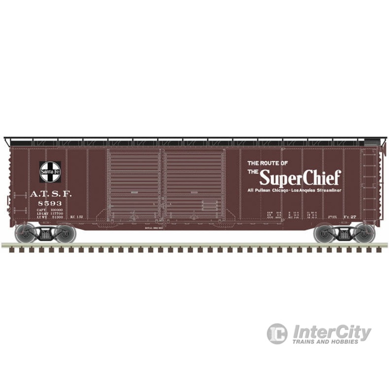 Atlas 20006592 Postwar 50′ Double-Door Boxcar – Ready to Run – Master(R) — Santa Fe 8593 (Boxcar Red, black, white, Super Chief)