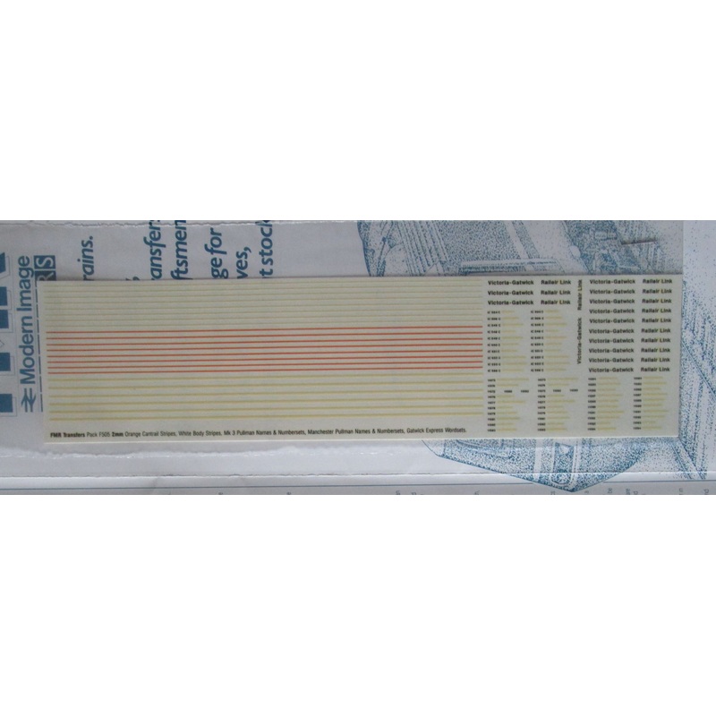 F505 FMR TRANSFERS Cantrail Stripes, body stripes, Mk3 & Manchester Pullman Names & numbersets: Gatwick Express wordsets