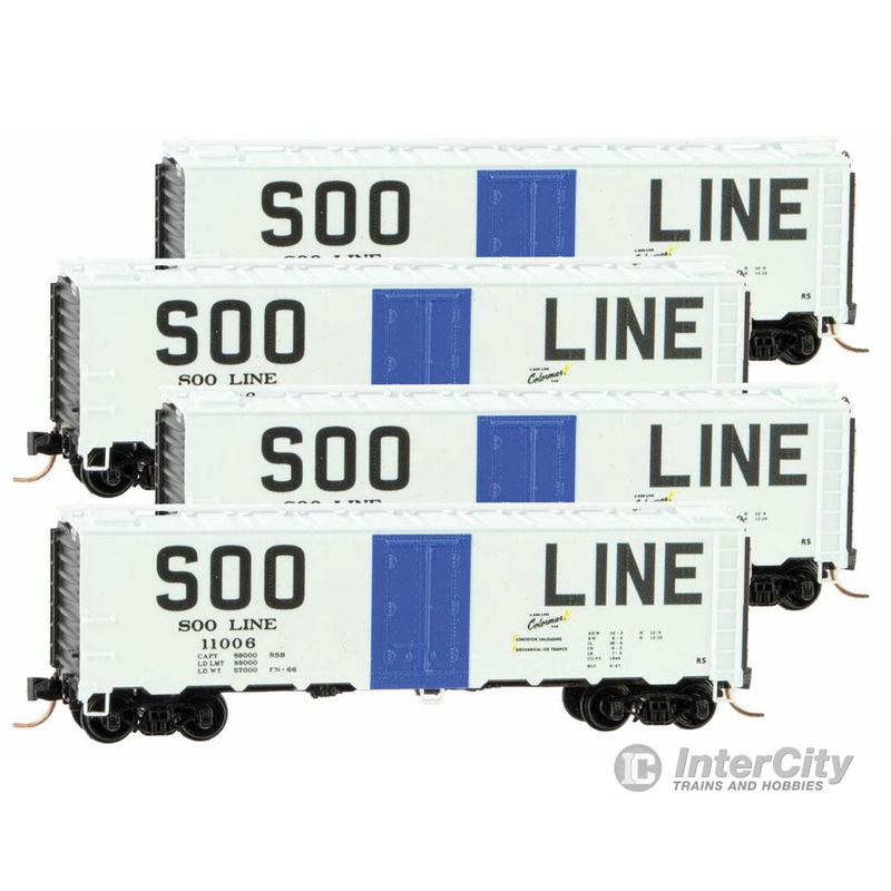 Micro Trains Line N 40′ Steel Ice Reefer 4-Car Runner Pack – Ready to Run – Soo Line #11006, 11008, 11010, 11012 (white, blue, Billbaord Lettering)